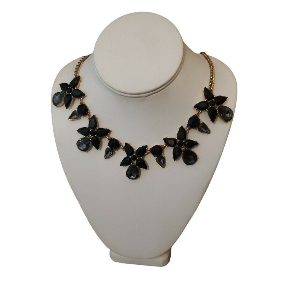 J. Crew Gold Tone Statement Necklace Black Grey Rhinestone Flower Tear Drop